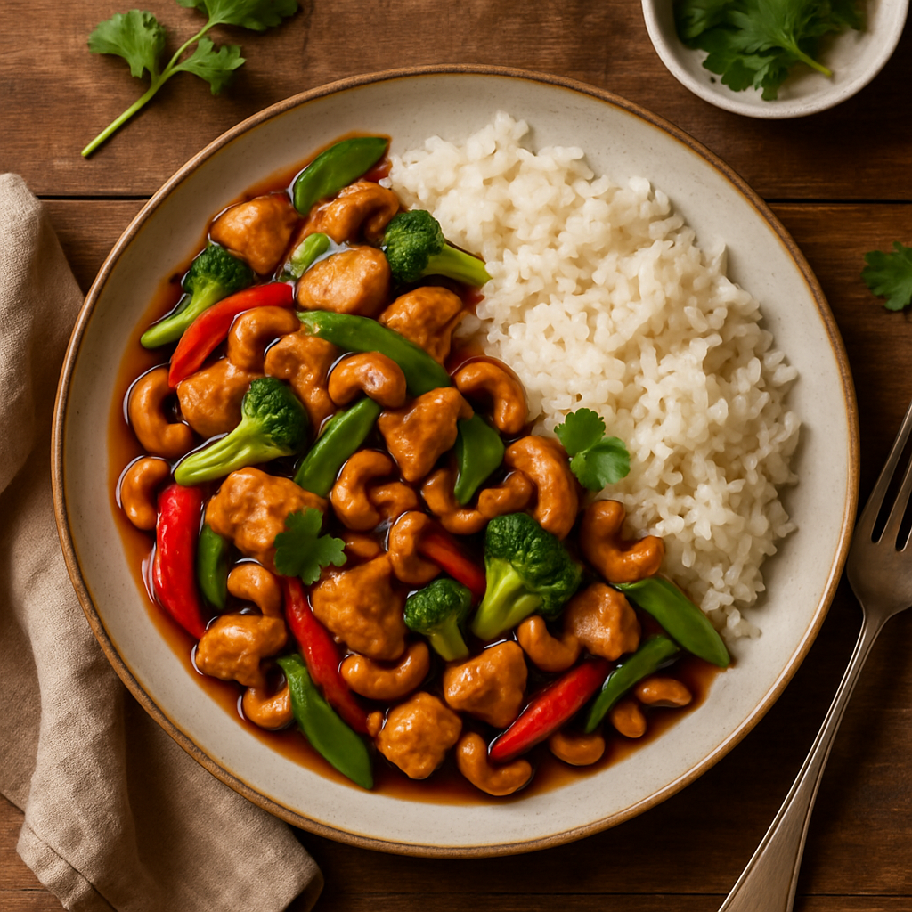 Wok med kylling, cashewnødder og grøntsager i oystersauce med jasminris